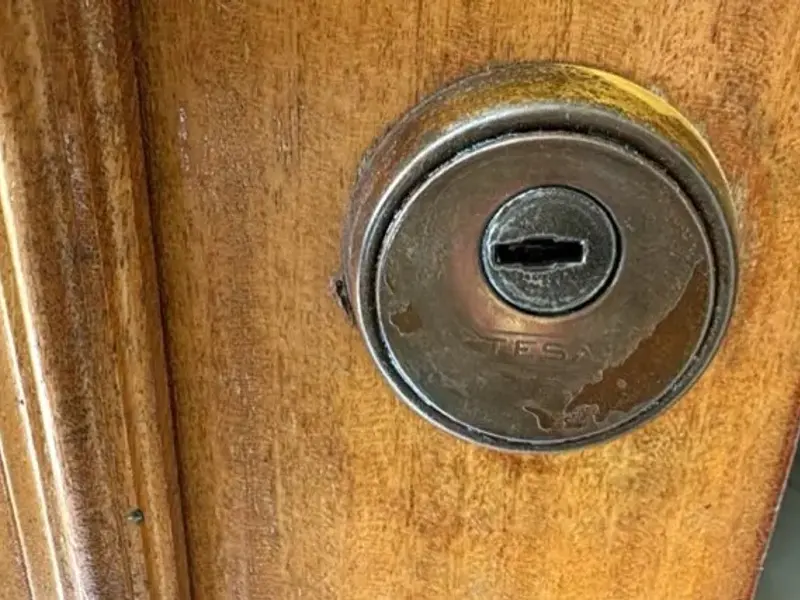 Escudo protector de bombín en una puerta de madera